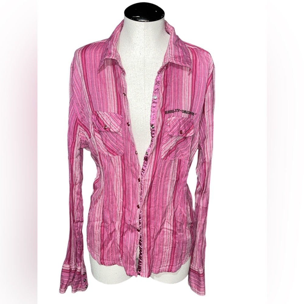 Y2K Harley-Davidson button down flannel large pink spring moto biker sexy
